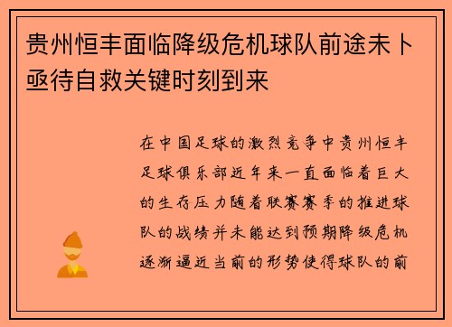 贵州恒丰面临降级危机球队前途未卜亟待自救关键时刻到来