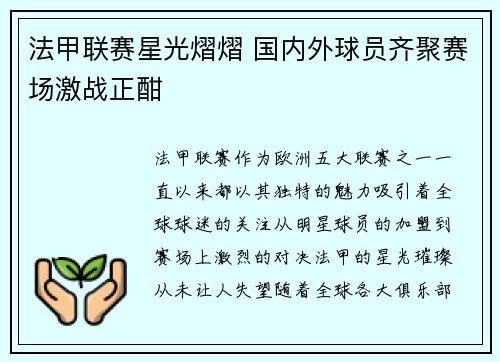 法甲联赛星光熠熠 国内外球员齐聚赛场激战正酣