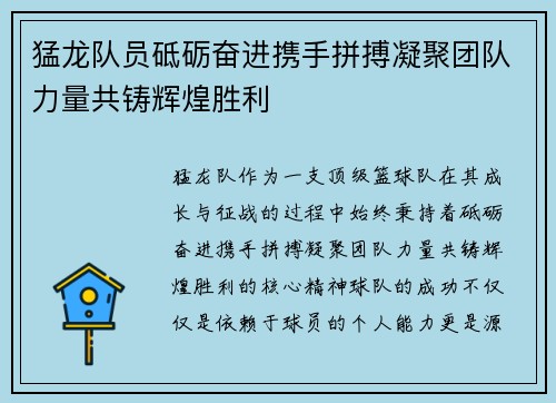 猛龙队员砥砺奋进携手拼搏凝聚团队力量共铸辉煌胜利