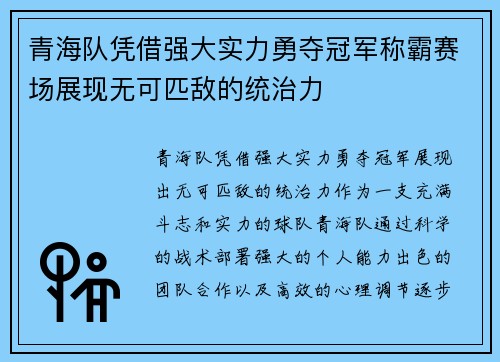 青海队凭借强大实力勇夺冠军称霸赛场展现无可匹敌的统治力
