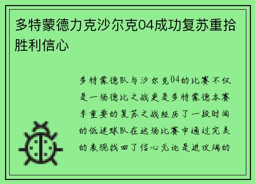 多特蒙德力克沙尔克04成功复苏重拾胜利信心