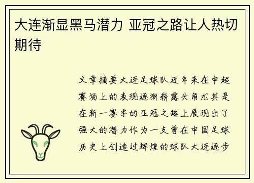 大连渐显黑马潜力 亚冠之路让人热切期待