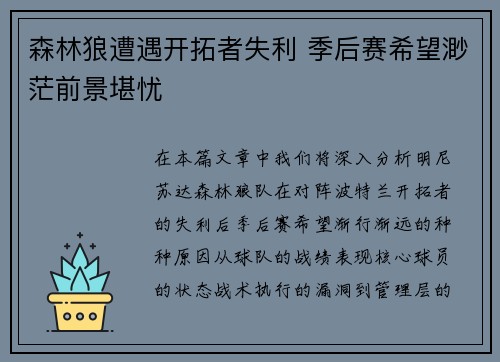 森林狼遭遇开拓者失利 季后赛希望渺茫前景堪忧