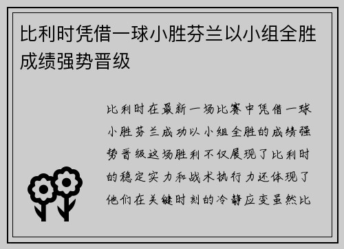 比利时凭借一球小胜芬兰以小组全胜成绩强势晋级