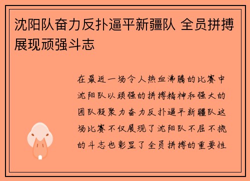 沈阳队奋力反扑逼平新疆队 全员拼搏展现顽强斗志