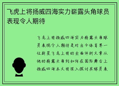 飞虎上将扬威四海实力崭露头角球员表现令人期待