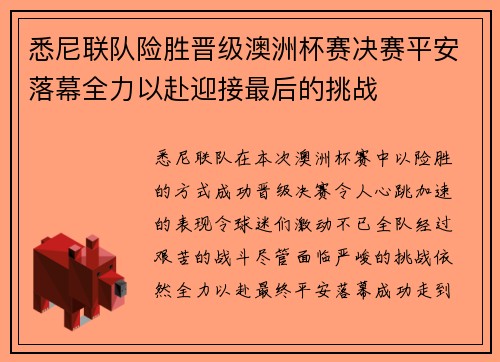 悉尼联队险胜晋级澳洲杯赛决赛平安落幕全力以赴迎接最后的挑战